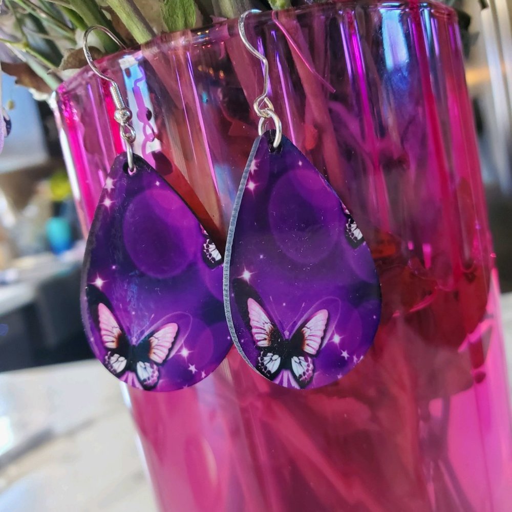Purple Butterfly Teardrop Earrings